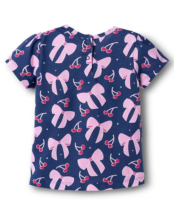 Babyhug Cotton Knit Half Sleeves T-Shirt & Shorts Co-ord Night Suit With Bow & Cherry Print - Navy Blue