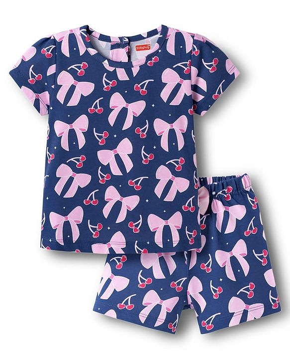 Babyhug Cotton Knit Half Sleeves T-Shirt & Shorts Co-ord Night Suit With Bow & Cherry Print - Navy Blue