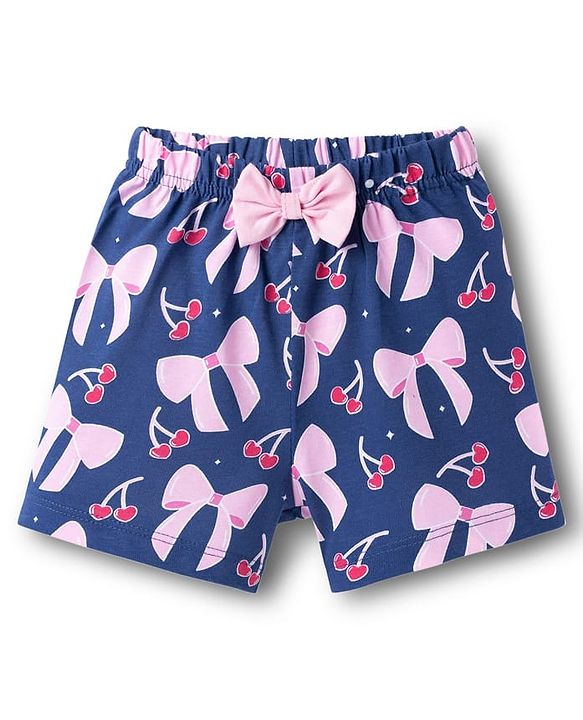 Babyhug Cotton Knit Half Sleeves T-Shirt & Shorts Co-ord Night Suit With Bow & Cherry Print - Navy Blue