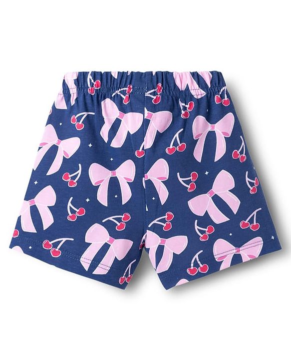 Babyhug Cotton Knit Half Sleeves T-Shirt & Shorts Co-ord Night Suit With Bow & Cherry Print - Navy Blue