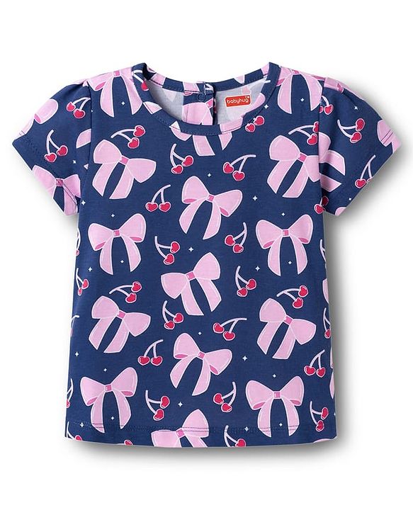 Babyhug Cotton Knit Half Sleeves T-Shirt & Shorts Co-ord Night Suit With Bow & Cherry Print - Navy Blue