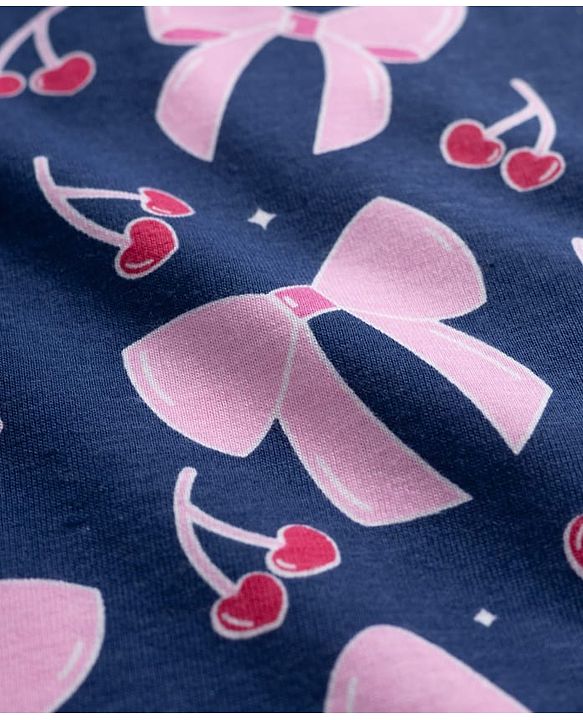 Babyhug Cotton Knit Half Sleeves T-Shirt & Shorts Co-ord Night Suit With Bow & Cherry Print - Navy Blue