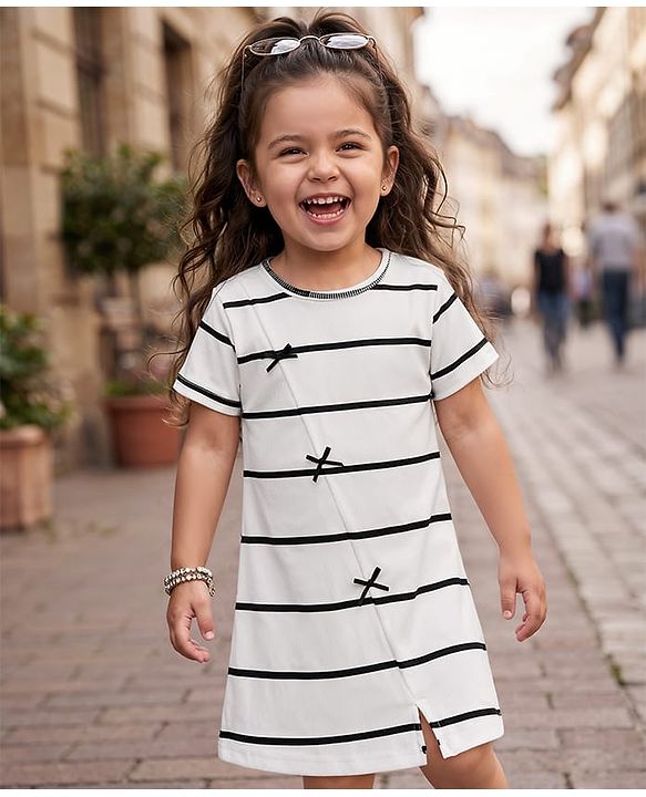 Babyhug Cotton Knit One Piece Dresses/Frocks Short Sleeves Round Neck Striped White 6-9 Months