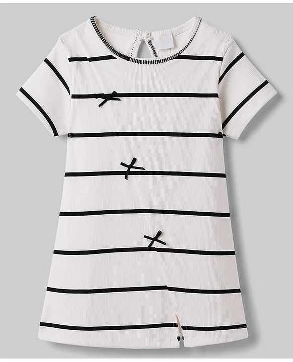 Babyhug Cotton Knit One Piece Dresses/Frocks Short Sleeves Round Neck Striped White 6-9 Months
