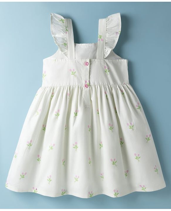 Babyhug Cotton Woven Sleeveless Frock With Floral Print & Applique - White