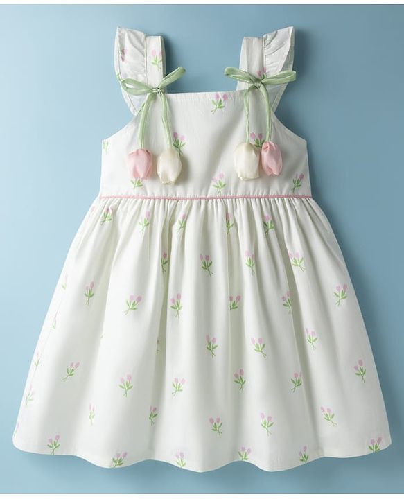 Babyhug Cotton Woven Sleeveless Frock With Floral Print & Applique - White