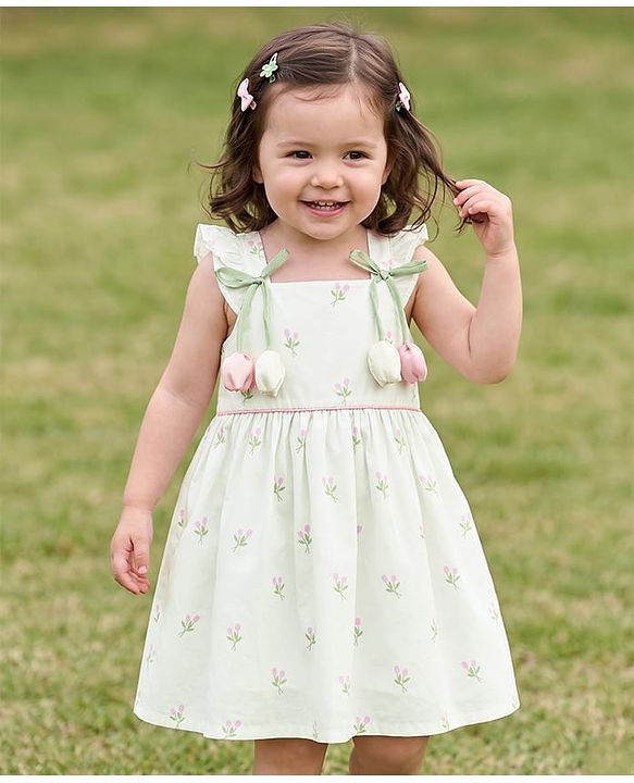 Babyhug Cotton Woven Sleeveless Frock With Floral Print & Applique - White