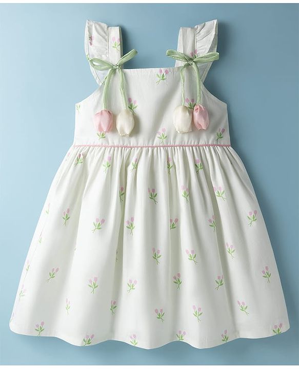 Babyhug Cotton Woven Sleeveless Frock With Floral Print & Applique - White