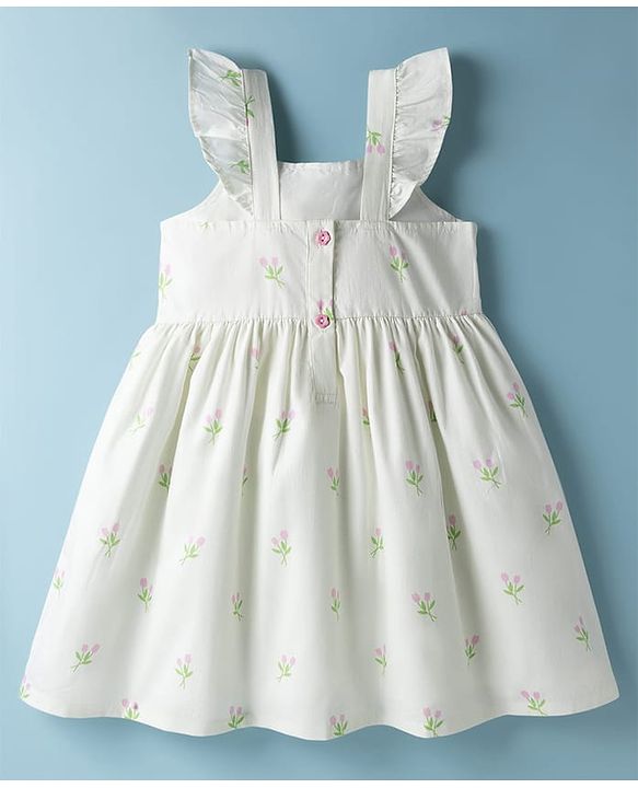 Babyhug Cotton Woven Sleeveless Frock With Floral Print & Applique - White