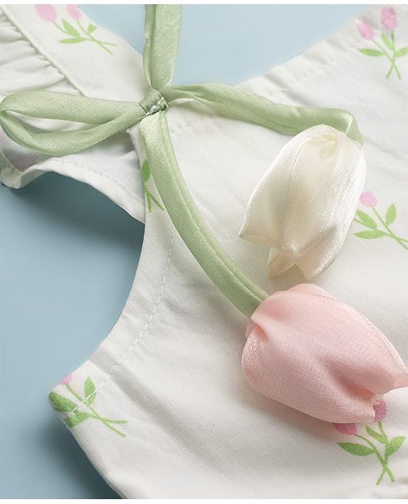 Babyhug Cotton Woven Sleeveless Frock With Floral Print & Applique - White