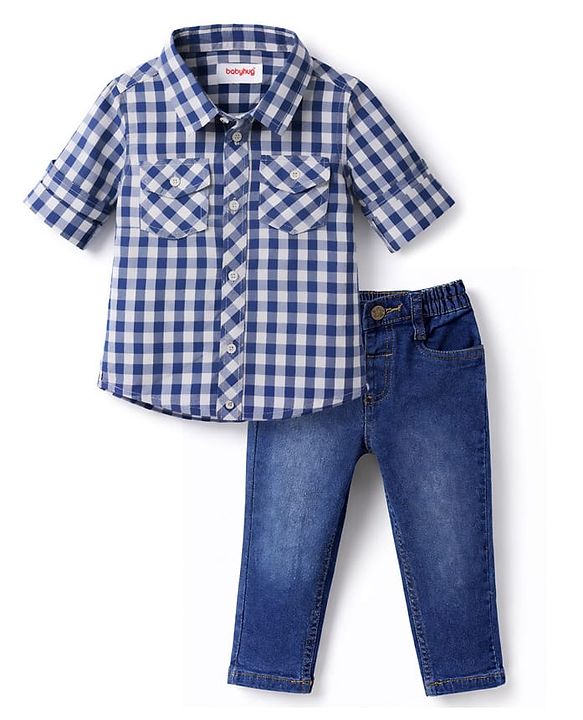 Babyhug Cotton Woven Full Sleeves Checks Shirt & Denim Jeans Set - Blue