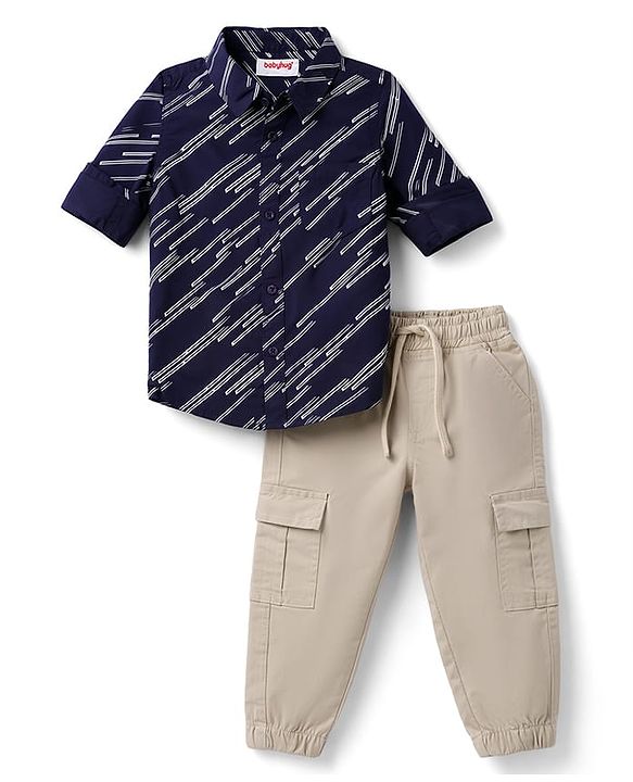 Babyhug Cotton Woven Full Sleeves Printed Shirt & Trouser Set - Navy Blue & Beige