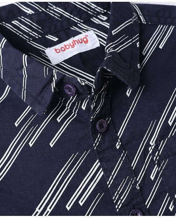 Babyhug Cotton Woven Full Sleeves Printed Shirt & Trouser Set - Navy Blue & Beige