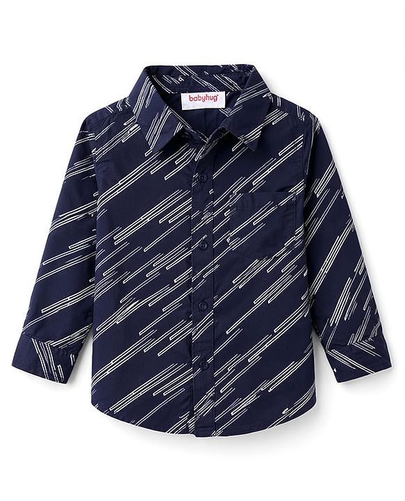Babyhug Cotton Woven Full Sleeves Printed Shirt & Trouser Set - Navy Blue & Beige