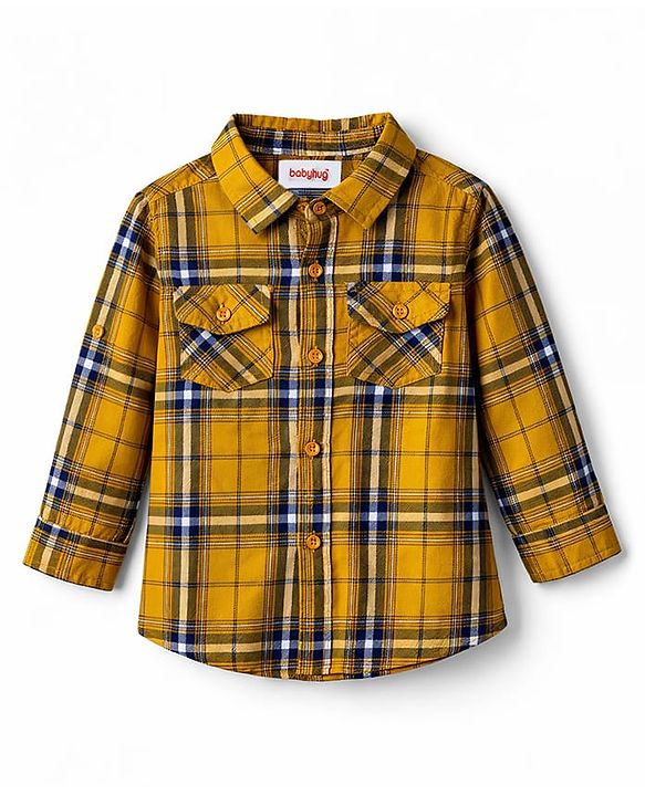 Babyhug Cotton Woven Full Sleeves Shirt & Denim Jeans Set With Checks - Yellow & Blue