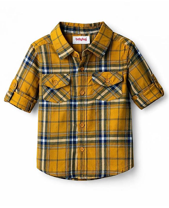 Babyhug Cotton Woven Full Sleeves Shirt & Denim Jeans Set With Checks - Yellow & Blue
