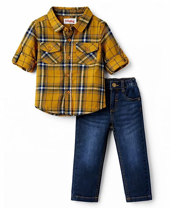 Babyhug Cotton Woven Full Sleeves Shirt & Denim Jeans Set With Checks - Yellow & Blue