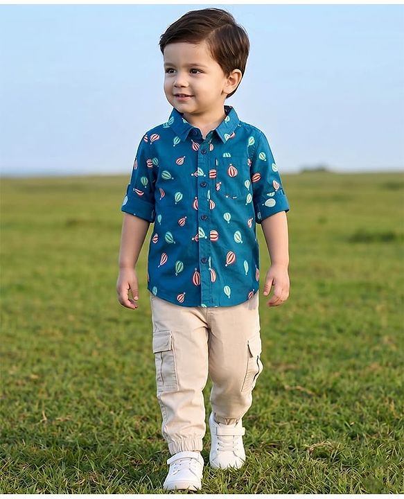 Babyhug Cotton Woven Full Sleeves Shirt & Lounge Pant Set With Air Balloon Print - Multicolor
