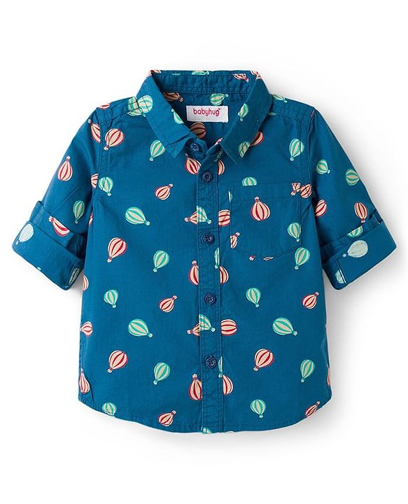 Babyhug Cotton Woven Full Sleeves Shirt & Lounge Pant Set With Air Balloon Print - Multicolor