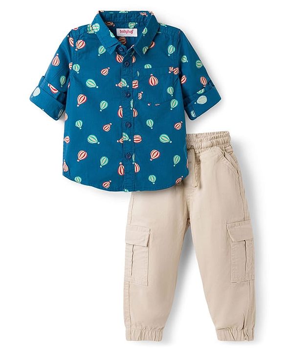 Babyhug Cotton Woven Full Sleeves Shirt & Lounge Pant Set With Air Balloon Print - Multicolor
