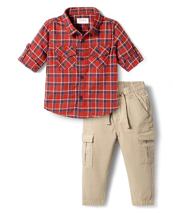Babyhug Cotton Woven Full Sleeves Checkered Shirt & Trouser Set - Beige