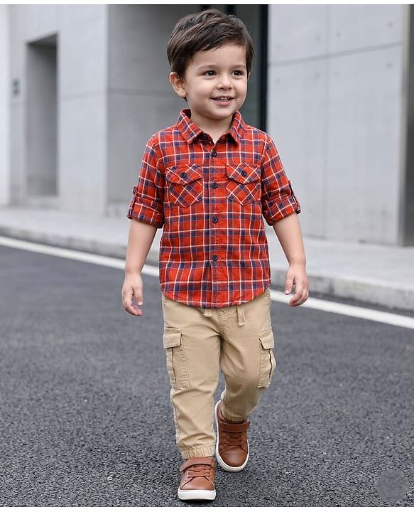 Babyhug Cotton Woven Full Sleeves Checkered Shirt & Trouser Set - Beige