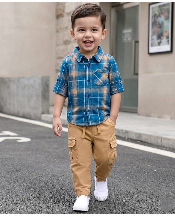 Babyhug Cotton Woven Full Sleeves Checks Shirt & Lounge Pant Set - Blue & Beige