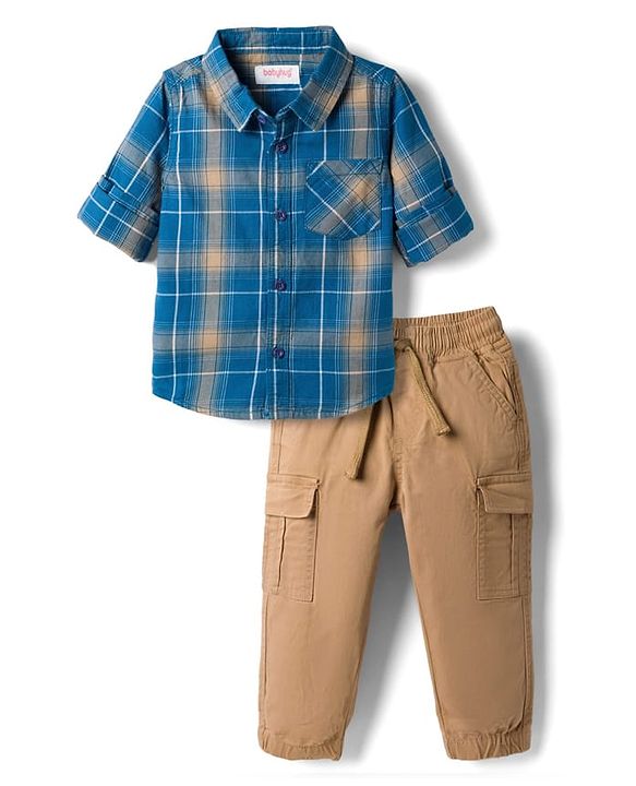 Babyhug Cotton Woven Full Sleeves Checks Shirt & Lounge Pant Set - Blue & Beige