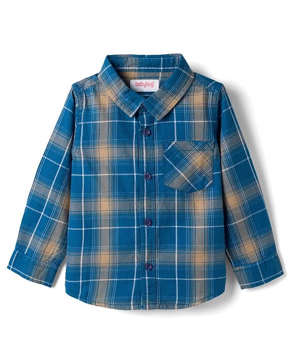 Babyhug Cotton Woven Full Sleeves Checks Shirt & Lounge Pant Set - Blue & Beige