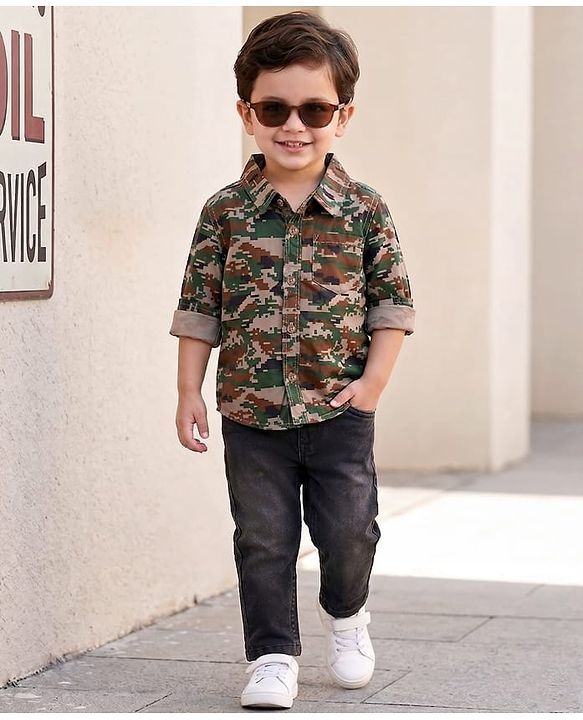 Babyhug Cotton Woven Full Sleeves Shirt & Denim Jeans Set With Camouflage Print - Multicolor