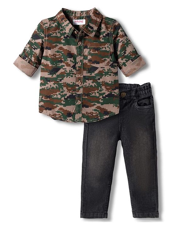 Babyhug Cotton Woven Full Sleeves Shirt & Denim Jeans Set With Camouflage Print - Multicolor