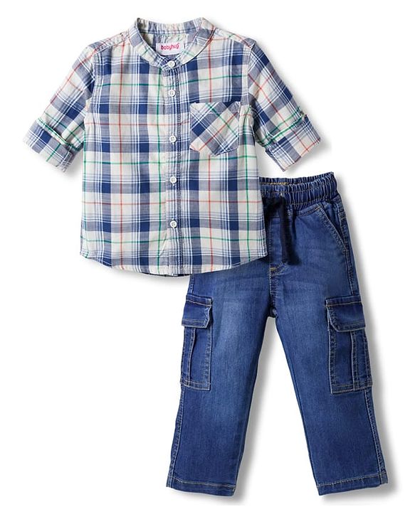 Babyhug Cotton Woven Full Sleeves Checks Shirt & Denim Jeans Set - Multicolor