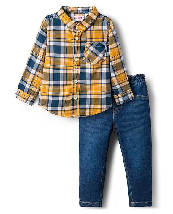 Babyhug Cotton Woven Full Sleeves Checkered Shirt & Denim Jeans Set - Blue