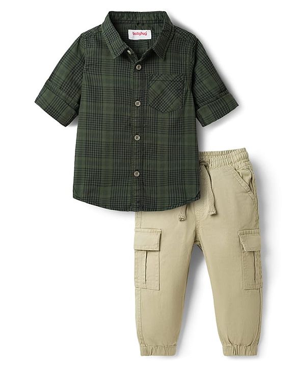Babyhug Cotton Woven Full Sleeves Checks Shirt & Lounge Pant Set - Dark Green & Beige