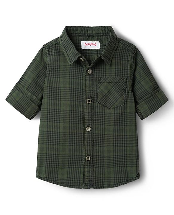 Babyhug Cotton Woven Full Sleeves Checks Shirt & Lounge Pant Set - Dark Green & Beige