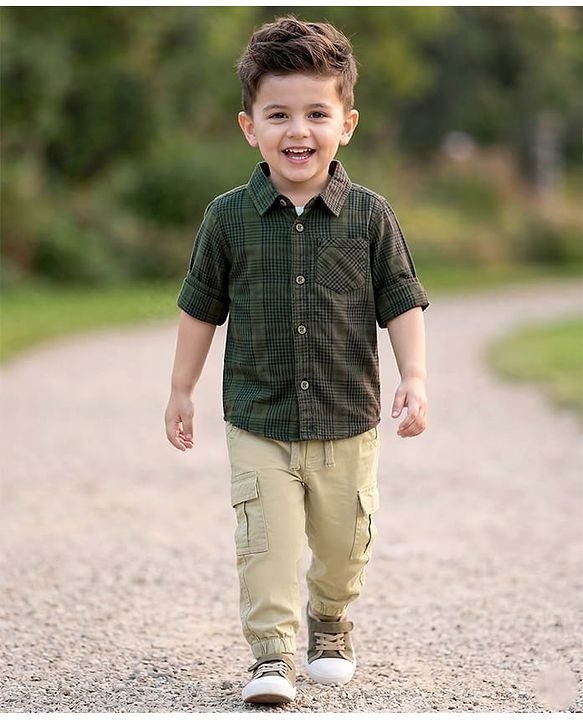 Babyhug Cotton Woven Full Sleeves Checks Shirt & Lounge Pant Set - Dark Green & Beige