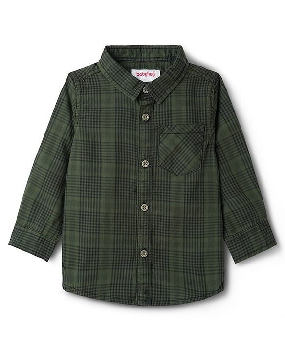 Babyhug Cotton Woven Full Sleeves Checks Shirt & Lounge Pant Set - Dark Green & Beige
