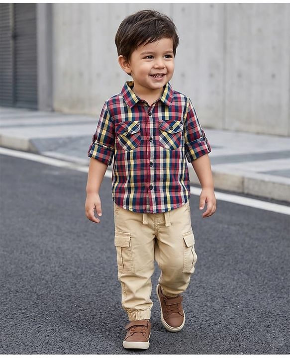 Babyhug Cotton Woven Full Sleeves Checks Shirt & Lounge Pant Set - Multicolor & Beige