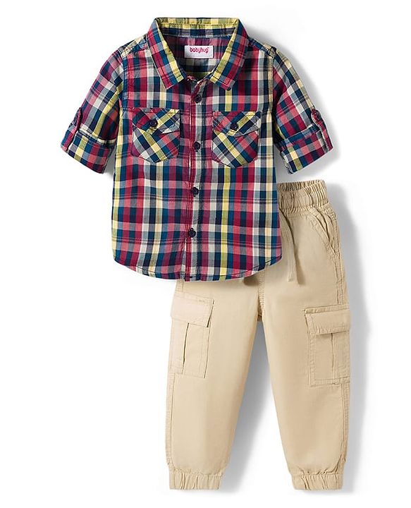 Babyhug Cotton Woven Full Sleeves Checks Shirt & Lounge Pant Set - Multicolor & Beige