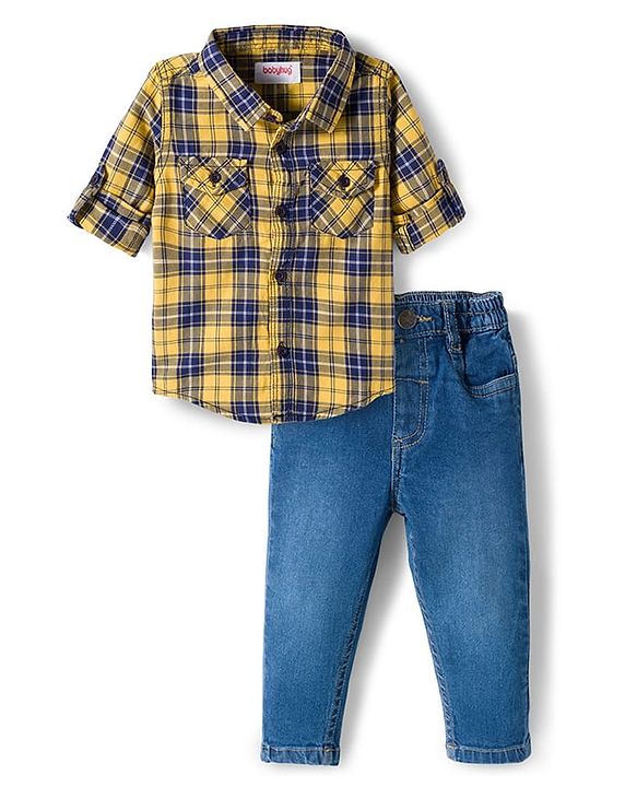 Babyhug Cotton Woven Full Sleeves Checks Shirt & Denim Jeans Set - Multicolor