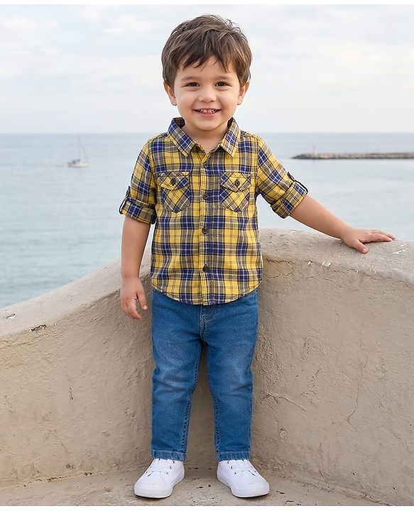 Babyhug Cotton Woven Full Sleeves Checks Shirt & Denim Jeans Set - Multicolor