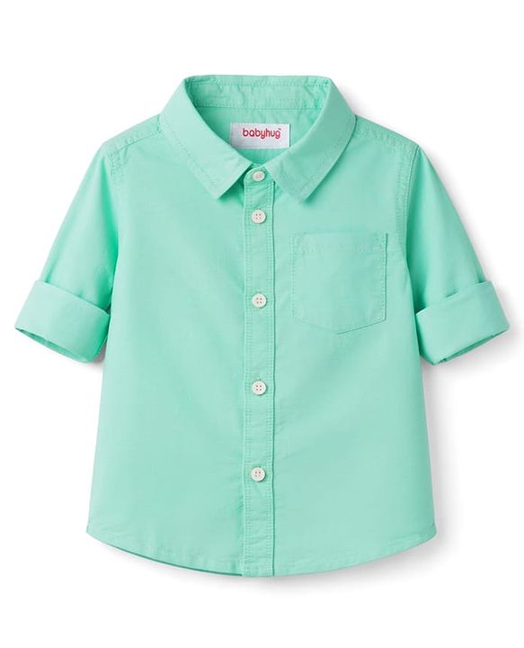 Babyhug Cotton Woven Full Sleeves Solid Color Shirt & Denim Jeans Set - Sea Green & Blue