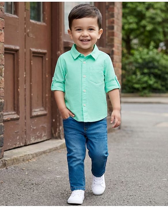 Babyhug Cotton Woven Full Sleeves Solid Color Shirt & Denim Jeans Set - Sea Green & Blue