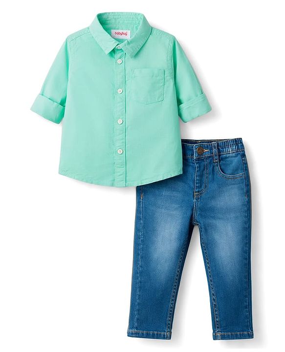Babyhug Cotton Woven Full Sleeves Solid Color Shirt & Denim Jeans Set - Sea Green & Blue