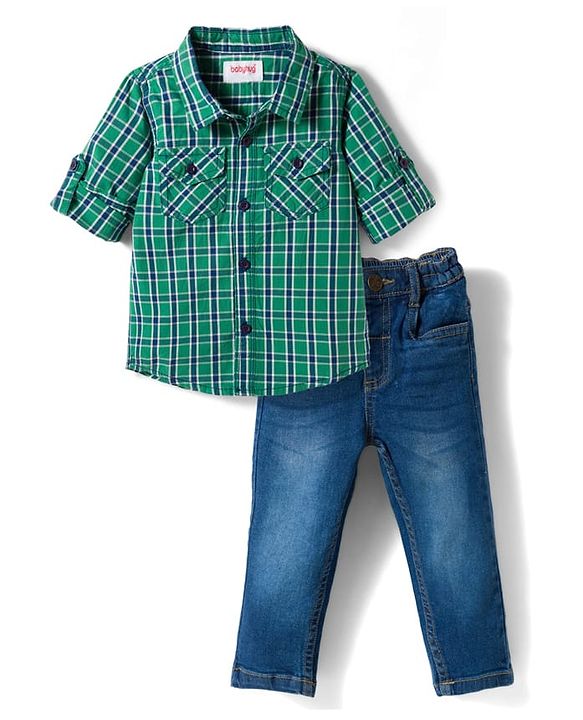 Babyhug Cotton Woven Full Sleeves Checkered Shirt & Denim Jeans Set - Green & Blue