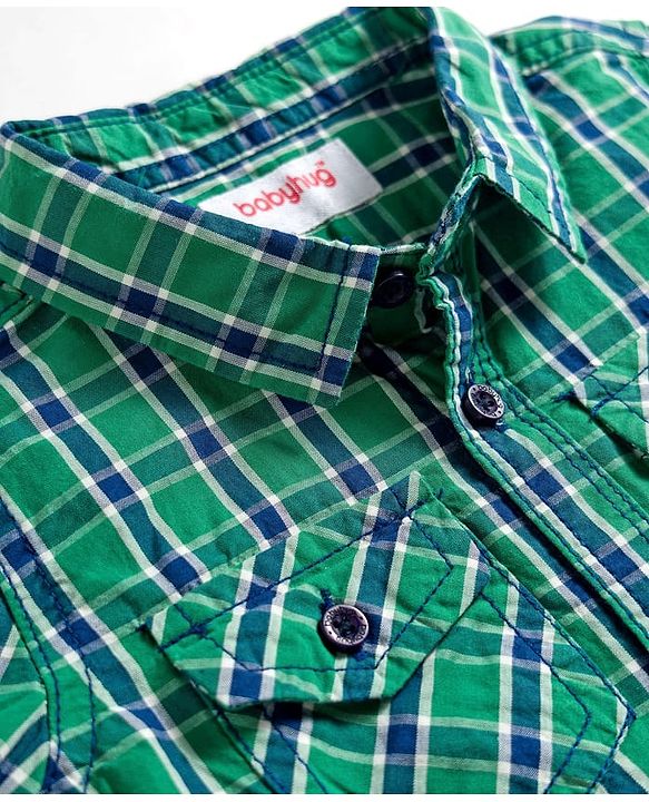 Babyhug Cotton Woven Full Sleeves Checkered Shirt & Denim Jeans Set - Green & Blue