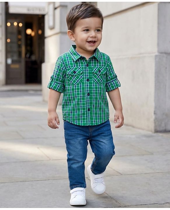 Babyhug Cotton Woven Full Sleeves Checkered Shirt & Denim Jeans Set - Green & Blue
