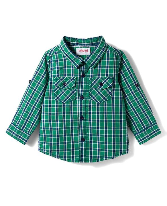 Babyhug Cotton Woven Full Sleeves Checkered Shirt & Denim Jeans Set - Green & Blue
