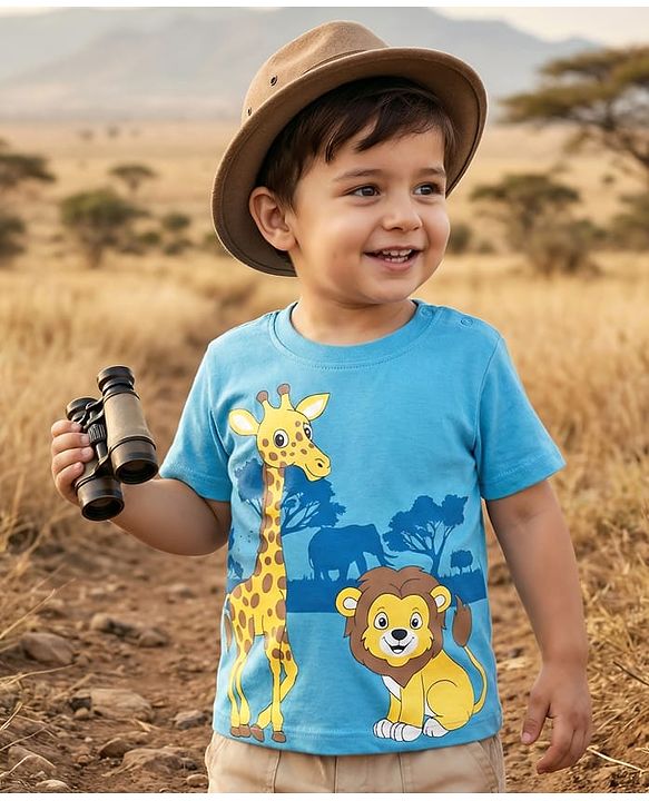Babyhug Cotton Knit Half Sleeves T-Shirt With Animal Print - Light Blue