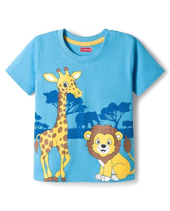 Babyhug Cotton Knit Half Sleeves T-Shirt With Animal Print - Light Blue